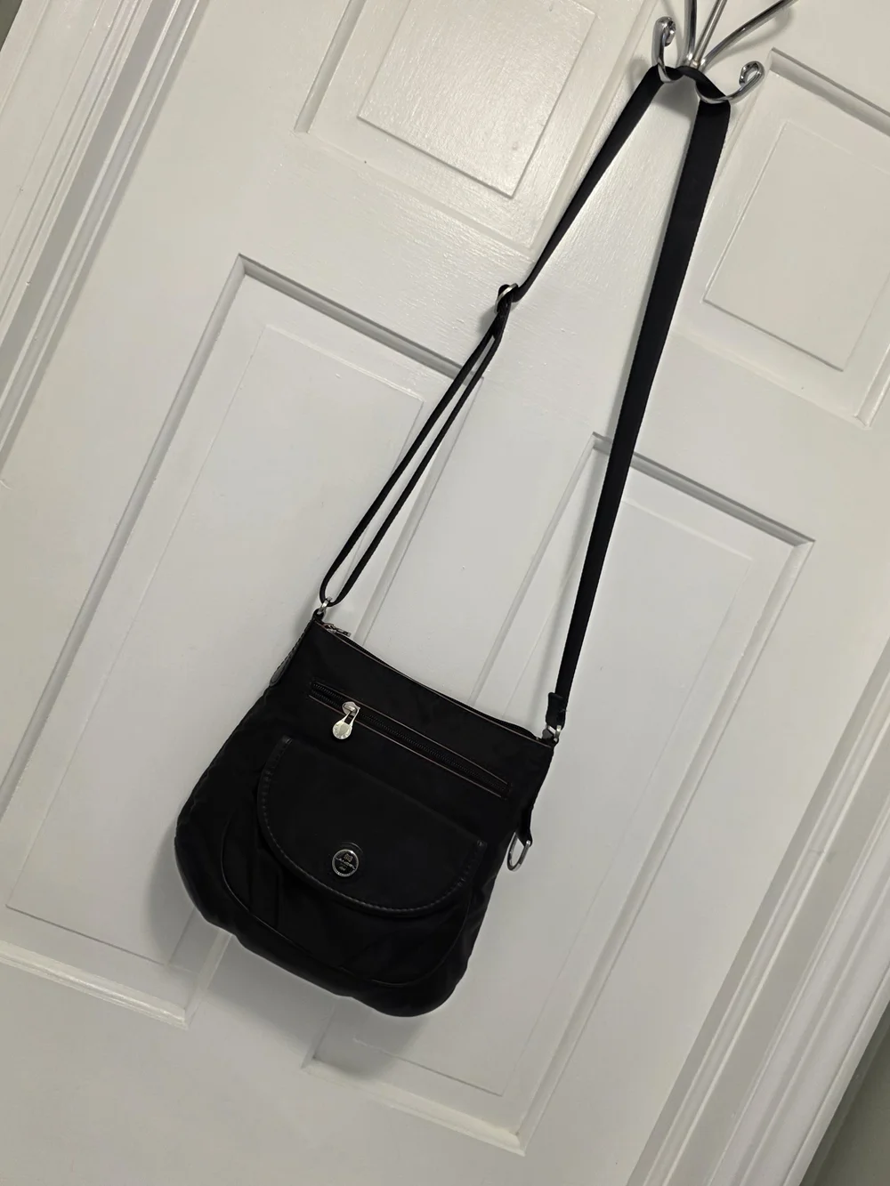 Lancel Paris Black Nylon Crossbody Bag with Front Flap & Zip Pockets Lightweight